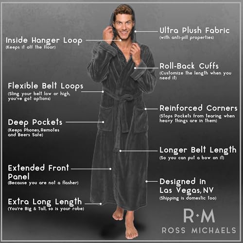 Ross Michaels Mens Robe Hooded Plush Big and Tall - Long Fleece Spa Bath Robe with Hood and Pockets - Gift for Men and Teens3