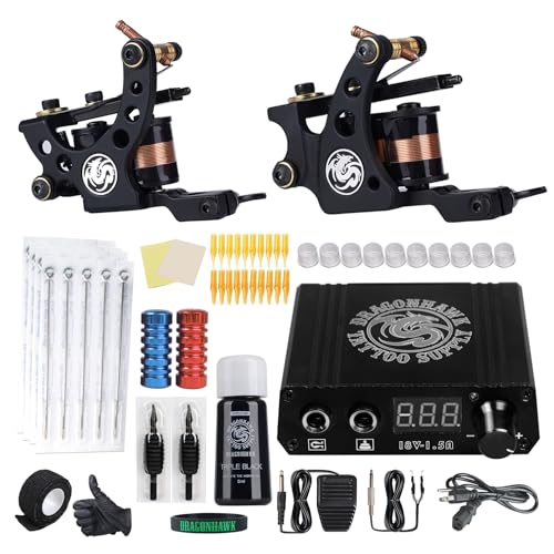 Dragonhawk Complete Tattoo Kit 2 Machine Gun 10 Color Inks Power Supply