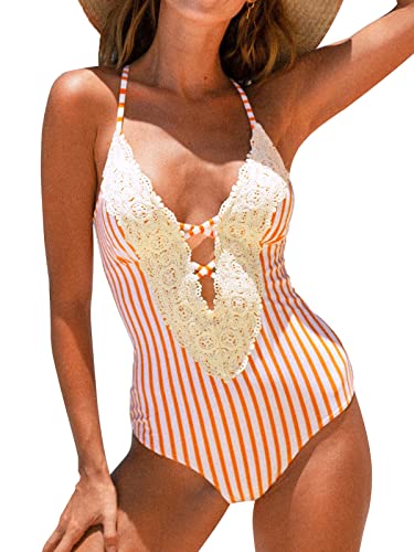 CUPSHE Bañador de Mujer Retro Lace Tirantes Cruzados Traje de Baño de Una Pieza, S