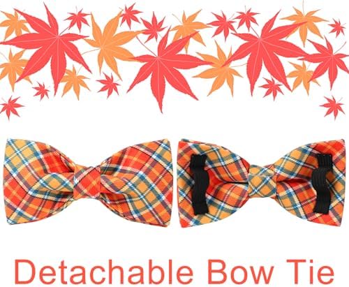 UP URARA PUP Autumn Plaid Dog Collar and Bow Tie Set – Orange Yellow Checkered Adjustable Fall Collar with Maple Leaf Charm for Small Medium Large Dogs, Soft Cotton Pet Collars with Buckle and D-Ring — view 3