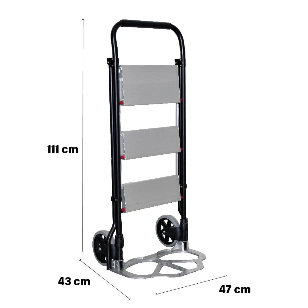 Scala-Carrello 2 in 1 - Pieghevole, 3 Gradini, Telaio di Acciaio, Ruote Pneumatiche, Portatutto, Design Anti-Scivolo, Resistente - Portata Massima 70kg