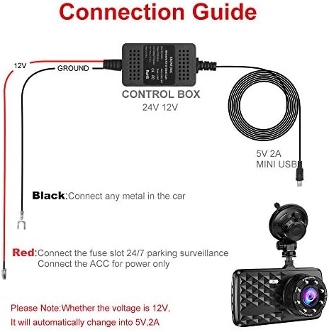 Dash Cam Hardwire Kit, Mini USB Port to Micro Port Power Cable Adapter with LP, Mini, ATO, Micro2 Four Fuses to Contect Car Battery 12V to 24V Input and 5V Output for Car Dash Camera Parking Monitor