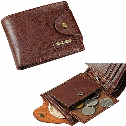 Mens P1 Leather Slim Bifold Wallet ID Window Credit Card Sim Card Billfold Purse Clutch with Gift Box (Brown Retro)2