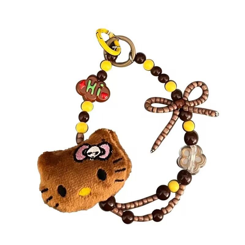 GorinsKani Colorful Beaded Keychain Cartoon Plush Phone Strap Wrist Strap Backpack Pendant Decoration (Plush brown)