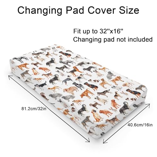 Watercolor Dogs Baby Changing Table Pad Covers for Boy Girl 32''x16'' Dog Breeds Unisex Fitted Changing Table Sheets Dogs Lovers Gift Comfort Soft Breathable Nursery Diaper Change Table Mats