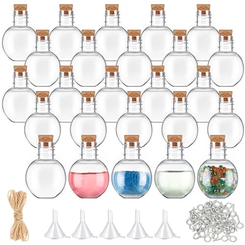 Bokon 25 Pack 1oz Plastic Mini Potion Bottles with Corks Small Sand Art Jar Tiny Clear Liquor Bottles Bulk Wishing Vial for Birthday Halloween Valentines Party Favor DIY Craft