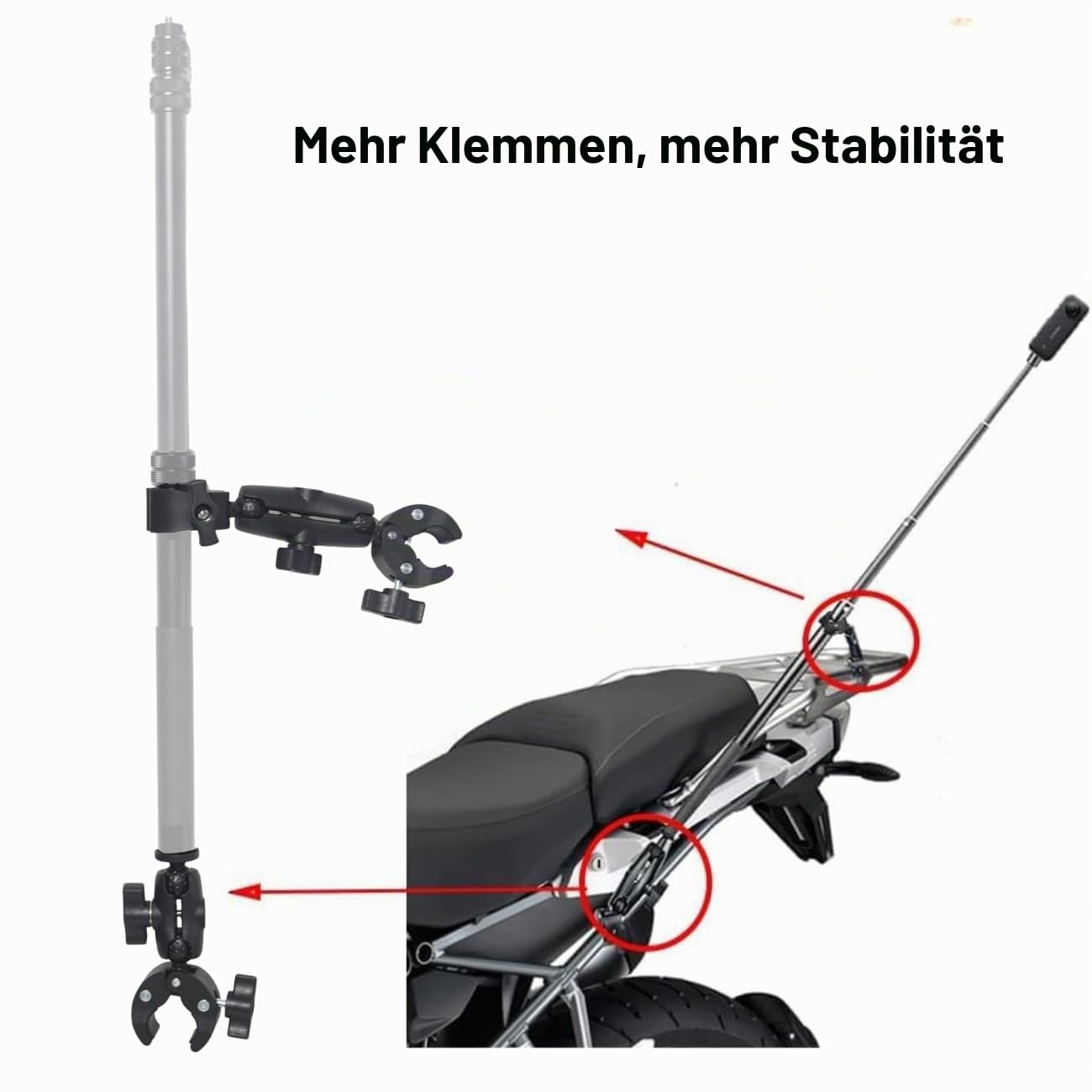 Action Kamera Motorrad Mount für Insta360 X4 Air /X5/X4/X3, GoPro Max 2, Hero 13/12/11, 360-Grad-Drehung, Double Clamp, doppelte Stabilität
