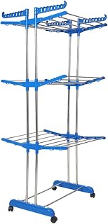 TNC Stainless Steel Double Pole 3-Tier Cloth Drying Rack with Side Wings, Hanger Slots & Wheels | Foldable, Collapsible La... Price In India