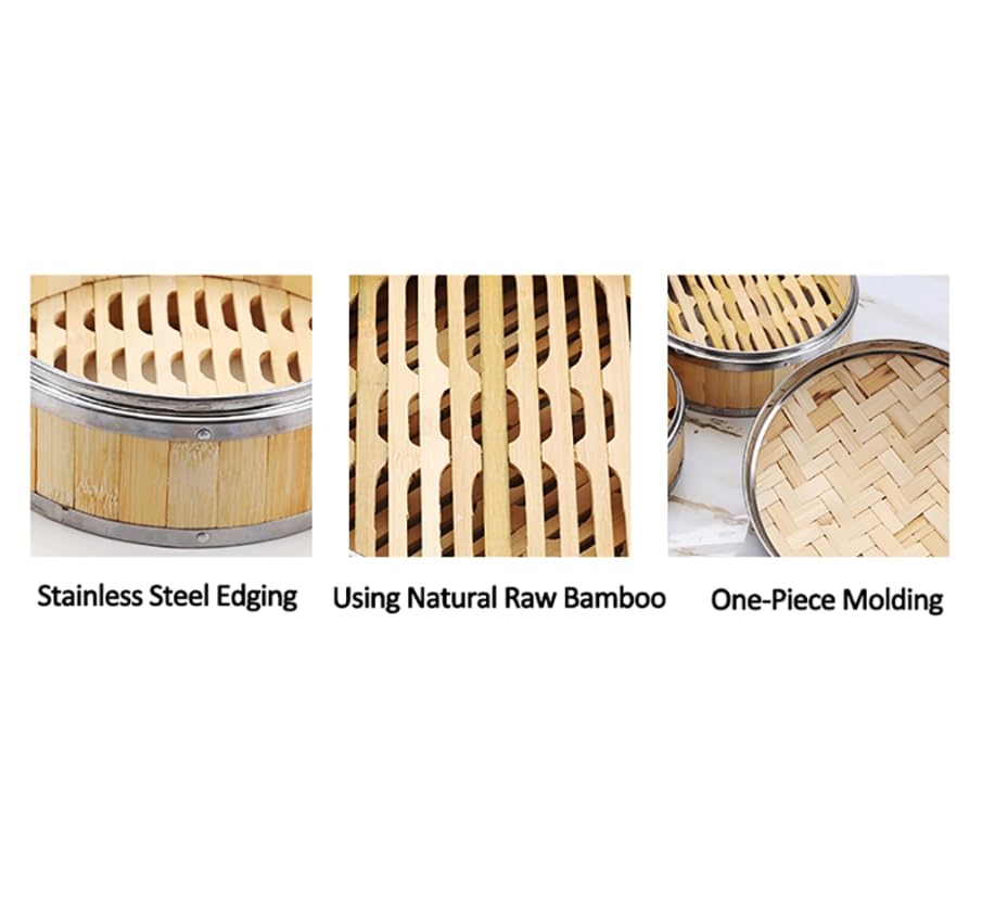 Luminexia Vaporera Bambu,Vaporera Cocinar Vapor,Cesta De Vapor De Bambú para Cocina,2 Niveles / 3 Niveles Olla Vapor De Bambú con Bandas De Acero Inoxidable,Cocina De Arroz Natural Chino con Tapa