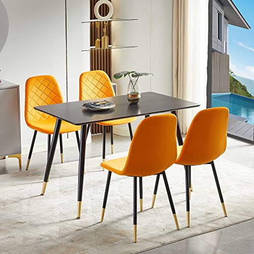 Nordicana 5-Piece Dining Table Set, 47 In Modern Rectangle Kitchen Table & 4 Orange Velvet Upholstery Side Chairs, Solid Metal Legs, Dining Room Set For 4 #TOP15
