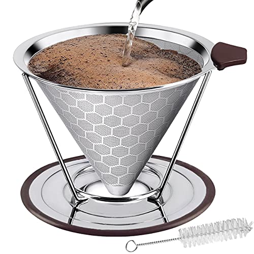Pour Over Coffee Maker, 1-4 Cup/28OZ Stainless Steel Reusable pour over coffee Coffee Filter Paperless Cone Coffee Dripper with Removable Cup Stand and Brush, Refillable Cup Coffee Filter Mesh Filter