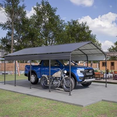 12x20 FT Heavy Duty Metal Carport Waterproof Portable Car Poort with Galvanized Steel Frame and Roof, Outdoor Storage Shed, Garage Car Tent Shelter for Boats and Truck, Charcoal for Winter