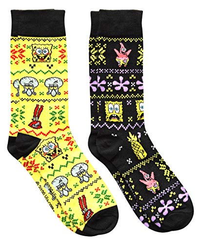 Hyp Calcetines navideños con diseño de Bob Esponja y Patrick feo con patrón de suéter de la tripulación de Navidad, paquete de 2 pares