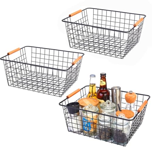 LeleCAT Large black wire baskets with Wooden Handles for storage