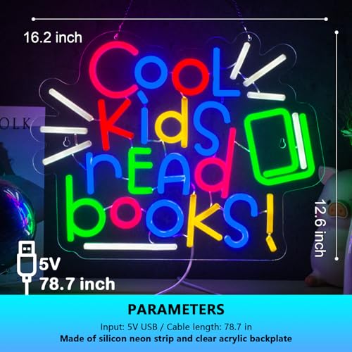 Image of Cool Kids Read Books Neon Sign Read Books and Be Kind Neon Signs for Wall Decor Book USB Dimmable LED Lights for Student Suitable for Classroom Bookstore Library Museum Study Room Gift for Teen Boys Girls Christmas