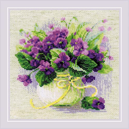 Image of RIOLIS - Violets in a Pot 2091, Cross Stitch Kits 8 inch x 8 inch, Cross Stitch Kits for Adults, Floral Counted Cross Stitch Kits, Embroidery Kit for Beginners & Advanced, Crossstitching Kits