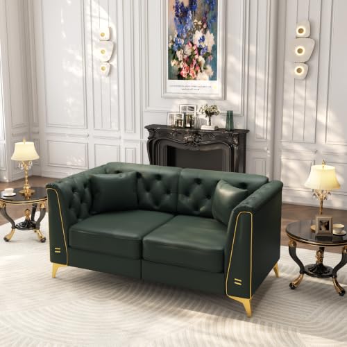 Image of KEIKI 62 inch Faux Leather Chesterfield Sofa with Handmade Button Tufted, Green | Luxury Modern 2-Seater Couch with Metal Trim Armrests & High Resilience Cushion & 2 Pillow, Easy Assembly, for Living Room