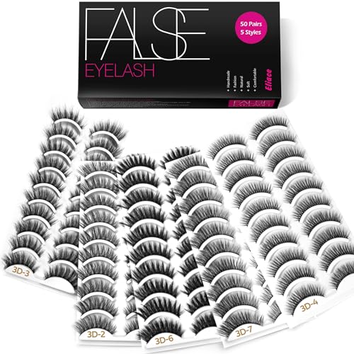 Eliace Eyelashes, (50 Pairs,5 Styles) Luxurious Faux Mink Lashes Natural Look Wispy Fluffy Handmade Cat Eye False Lash Pack, False Eyelashes Set, Fake Lashes Strips, Makeup Fake Eyelashes Pack