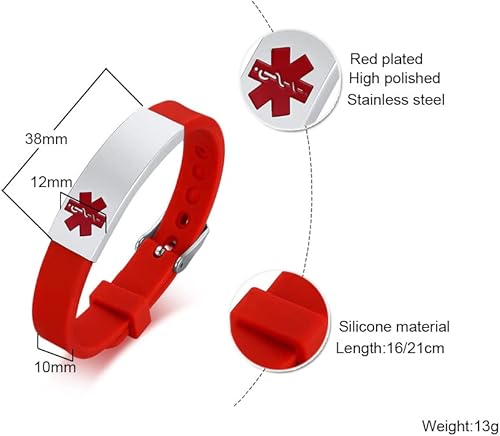 Miniatura 2 de Pulsera ajustable de acero inoxidable y silicona negra con hebilla de cinturón ajustable de alerta médica para hombres y niños