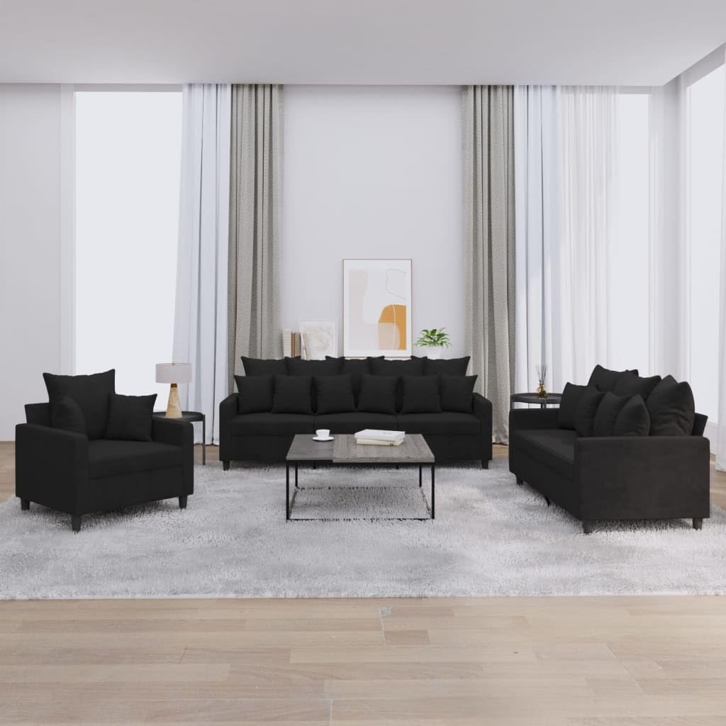Brokky 3-TLG. Sofagarnitur mit Kissen - Wohnzimmer Sitzgruppe - Schwarz Samt - 3201685