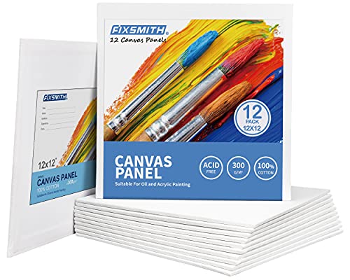 Image of FIXSMITH Painting Canvas Panels - 12x12 Inch Canvas Board Super Value 12 Pack,100% Cotton,Primed Canvas Panel,Acid Free,Artist Canvas Boards for Professionals,Hobby Painters,Students & Kids.