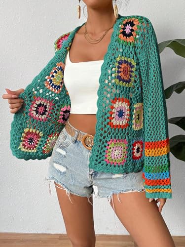 Image of SHENHE Women's Floral Crochet Cardigan Hollow Out Open Front Long Sleeve Cardigan Sweater
