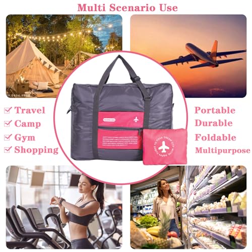 INVODA Travel Bag Foldable Duffle Bag Lightweight Luggage Bag Personal Item Bag for Airlines Weekender Carry on Bag Tote Overnight Bag With Waterproof Drawstring Bags (Rose+Waterproof Bag)2