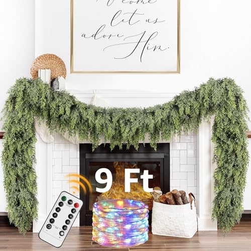 Cedar Christmas Garland with Lights for Mantle - 9ft Realistic Lighted Faux Pine Garland for Xmas Home Decoration Indoor Stairs Railing Fireplace Outdoor