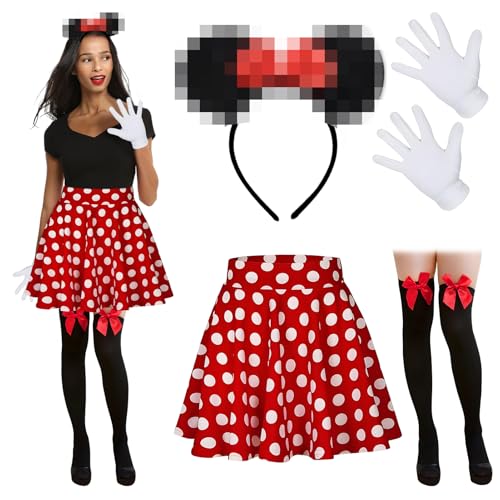 Meanju Déguisement Souris Pour Femme Avec Bandeau à Paillettes Blanches + Jupe Plissée + Bas...