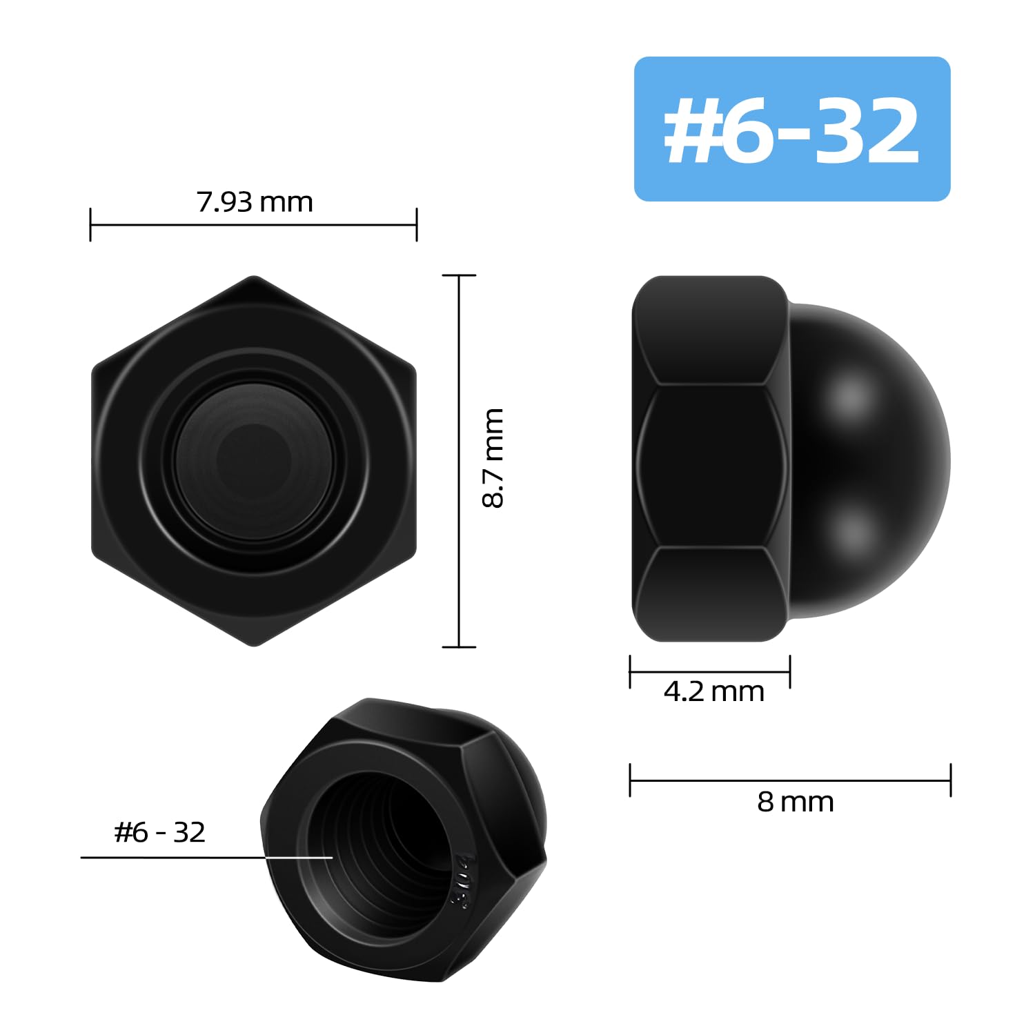 #6-32 Hex Head Acorn Cap Nuts, 304 Stainless Steel 18-8 Black Coating Acorn Nuts, Hex Drive, Black Finish, 50 PCS