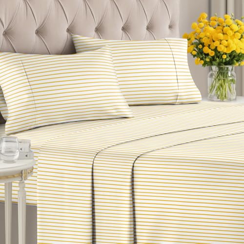 Image of Cal King 4 Piece Striped Sheet Set - Soft & Cooling - Yellow Pencil Stripes | 1 Flat, 1 Fitted & 2 Pillowcases w / Deep Pockets, Luxury Striped Bedding, Soft, Breathable & Cooling, Wrinkle & Fade Free