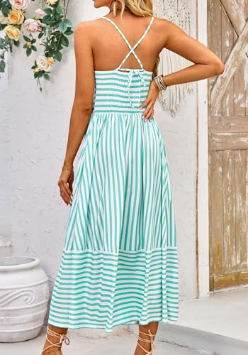 Image of Fashionme Womens Summer Maxi Dresses 2026 Trendy Striped Vacation Boho Beach Spaghetti Strap Sundress Back Tie with Pockets
