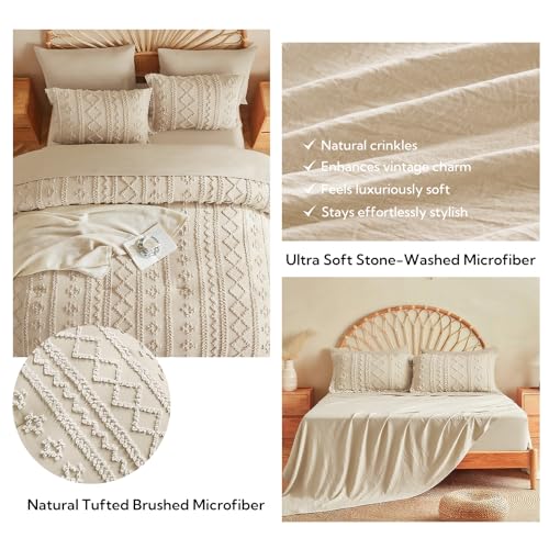 Image of MR&HM Full Size Bed Sheets and Comforter Set Beige, 7 Pieces Tufted Boho Beddding Sets, Farmhouse Style Bed in a Bag with 1 Comforter, 2 Pillow Shams, 2 Pillowcases, 1 Flat Sheet, 1 Fitted Sheet