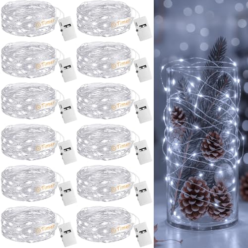 Image of 12Pack Fairy Lights with Timer, 7ft 20 LED Twinkle Light Battery Operated 3 Modes, Mini String Lights for Christmas Trees Wreath Party DIY Mason Jars Bottles Decor, Cold White
