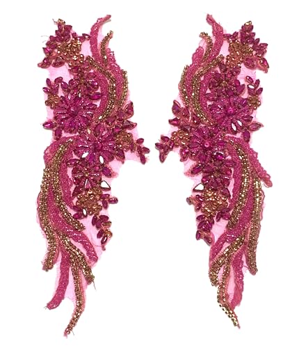 Labellezalady Pair Hand-Made Beaded Rhinestons DIY Clothing Appliques Patch,Rose Pink(hot