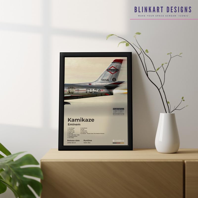 Image of BLINKART Eminem- Kamikaze Wall Photo Frames | Wall Art for Bedroom, Living Room, Studio or Office | Album Cover Print with Spotify Song Link QR Code | Gift for Fans - 8x12 In