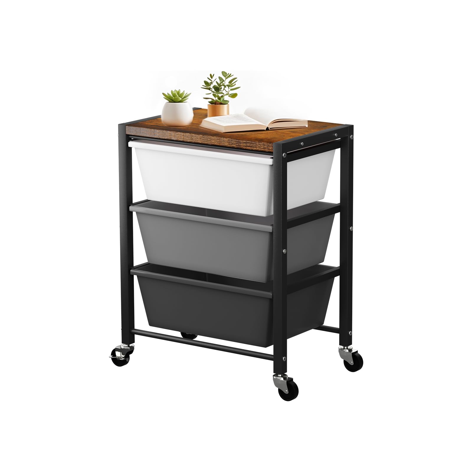 Photo 1 of Rolling Cart with 3 Drawers, Plastic Drawer Storage Carts with Lockable Wheels & Wooden Tabletop, Metal Utility Cart Organizer, Office Bedroom Classroom Craft Organization and Storage, Dark Grey