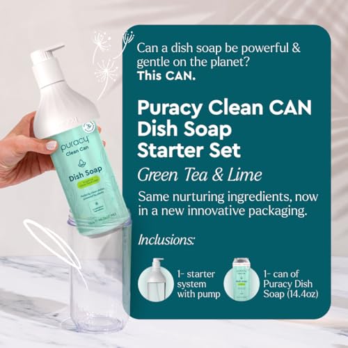 Image of Puracy Natural Dish Soap Clean Can Starter Set - Plant-Based Dishwashing Soap, Non-Toxic Dish Soap, Natural Liquid Dishwashing Detergent Soap As Seen on TikTok (Green Tea & Lime, 14.4 fl oz)