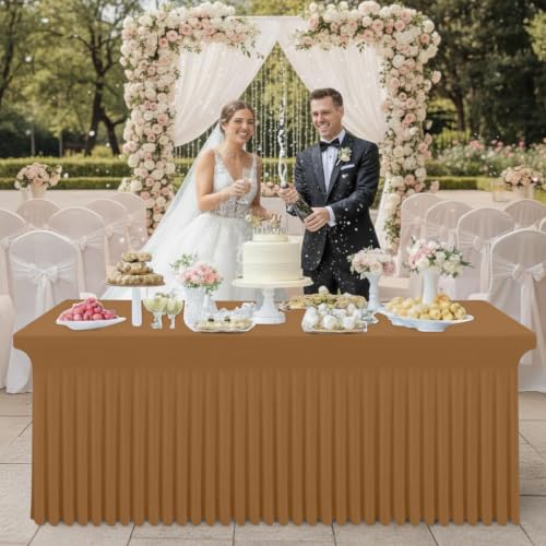 Image of Smiry 2 Pack Spandex Elastic Fitted Table Cloth Skirt for 8FT Table | Stretch Washable Table Cloth, Banquet Table Cover for Wedding, Party, Indoor & Trade Shows, (Brown, 96Lx30Wx30H)