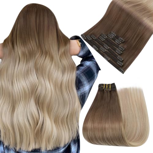 Image of Easyouth Clip in Hair Extensions Ombre Human Hair Clip in Extensions Light Brown to Ash Blonde Mix Platinum Blonde Lightweight Clips in Extension Real Human Hair 16 Inch 7Pcs 120G