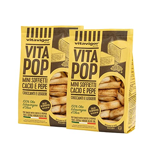 Snacks VitaPop de Cacio y Pepe, Mini soffietti salados de queso y pimienta, Sanos y Equilibrados (Pack 2 bolsas x 120g)