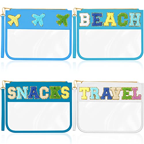 Remerry 4 Pack Chenille Letter Bag Clear Monogram Cosmetic Makeup Bag Travel Snack Beach Stuff Patch Pouch Preppy Gifts for Women Girls