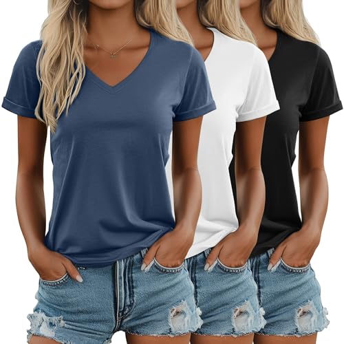 Ficerd 3 Pack Women's V Neck T Shirts, Cotton Summer Casual Short Sleeve Tops Loose Fit Rolled Sleeve Tees 2025 Trendy Shirts