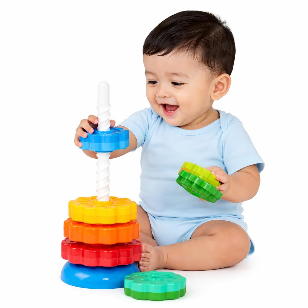 Sukan Tex Rainbow Stacking Spinning Gears Tower, Multicolour Plastic Educational Toy, 8 Pieces, 18 Months to 5 Years