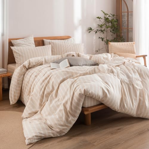 Image of BESTOUCH Striped Cotton Duvet Cover Set Linen Feel Alaska King | 100% Washed Cotton, Soft Wrinkle Texture, Hidden Zipper, 8 Ties, Breathable Lightweight Durable Comfy, 3 Pcs No Insert