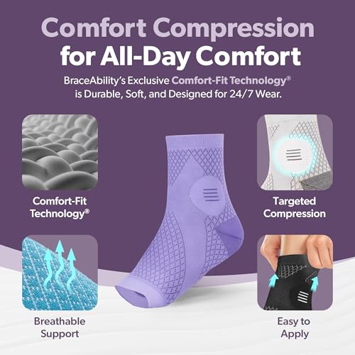Image of BraceAbility Neuropathy Socks (Pair) - Peripheral Neuritis Compression Diabetic Toeless Foot Sleeves for Nerve Damage Pain in Feet, Ankle Gout, Plantar Fasciitis Relief Brace for Men and Women (Lilac - Standard - 1 Pair, X-Large)