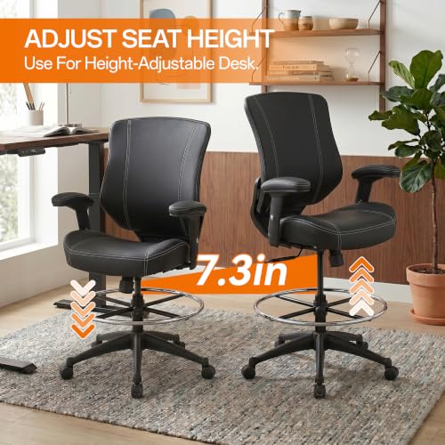 Image of BOLISS 400lbs Mid Back Premium Leather Ergonomic Drafting Chair Office for Adjustable Desk Wide Chair Built-in Lumbar Support Adjustable Foot Ring Height Adjustable Armrest (Black Leather)