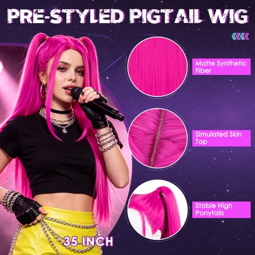 Image of S-noilite Mira Hot Pink Wig with Pigtail for Women Halloween Cosplay Party