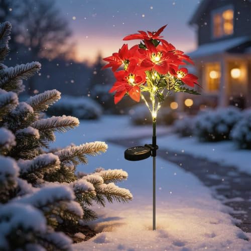 Lovskoo Solar Lights Outdoor Red Poinsettia Solar Christmas Garden Lights | Solar Christmas Pathway Stake Lights, Waterproof Outdoor Decorations for Pathway Yard Garden Christmas Decor - image 1