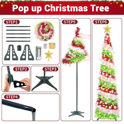 HISFFOG 5FT Pop Up Christmas Tree with 8 Rmote Lights Modes - 3 Color Sequin Tinsel Christmas Tree, Collapsible Artificial Pencil Christmas Trees Decorations for Home, Apartment, Office, Party - image 4